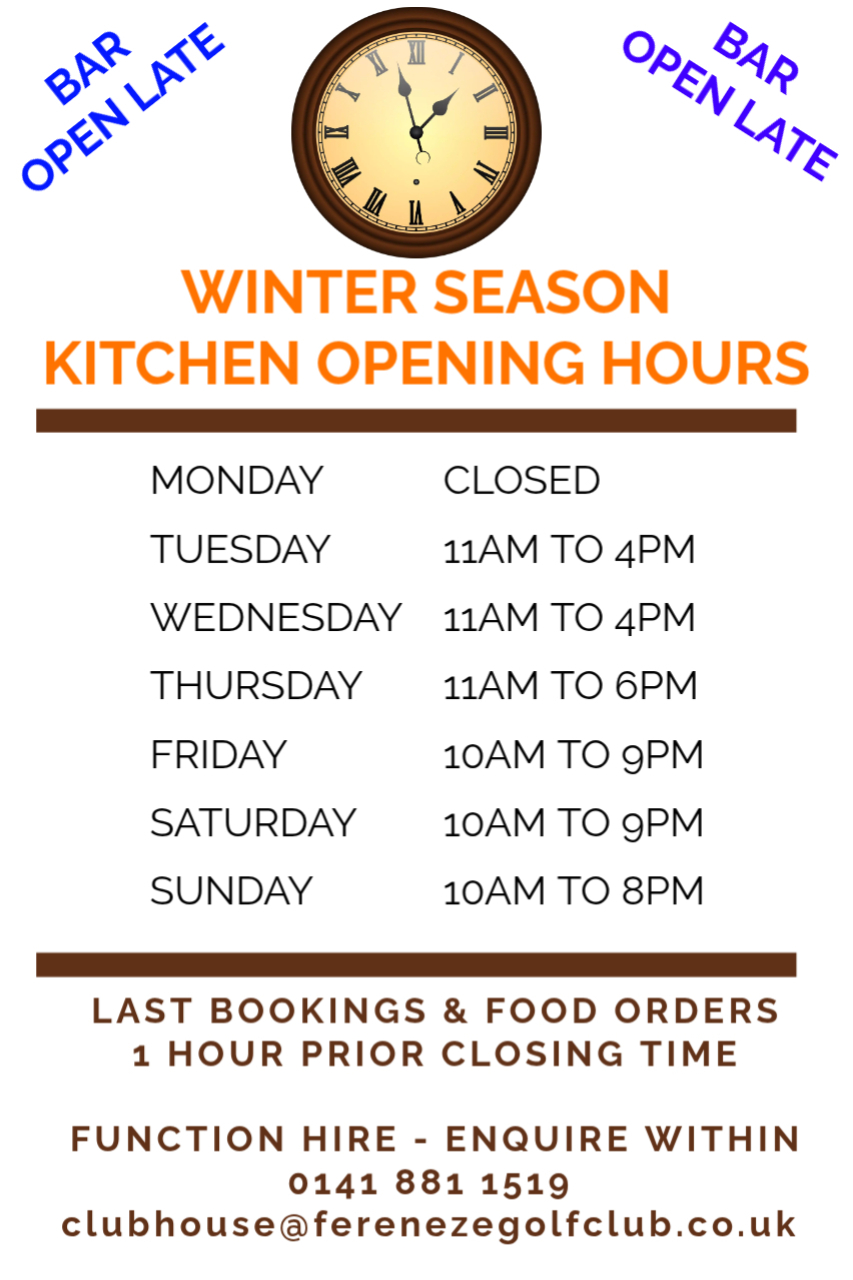 Opening Times Menu Clubhouse Winter Opening Hours - Fereneze Golf Club